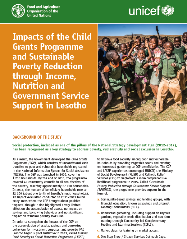 Impacts Of The Child Grants Programme And Sustainable Poverty Reduction Through Income Nutrition And Government Service Support In Lesotho Policy Support And Governance Food And Agriculture Organization Of The United Nations