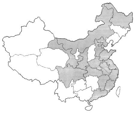 Figure 1. Outline map of China showing provinces included in food composition program (shaded)
