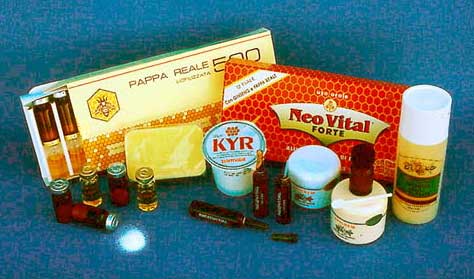 A variety of products containing royal jelly (from left to right): freeze-dried royal jelly with separate solvent in individual dosages, soap, individual liquid dosages, yoghurt, night and day cream, fresh royal jelly and shampoo with royal jelly.