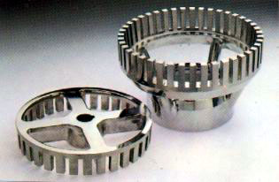 The rotor (left) and stator (right) of a turbine mixer.