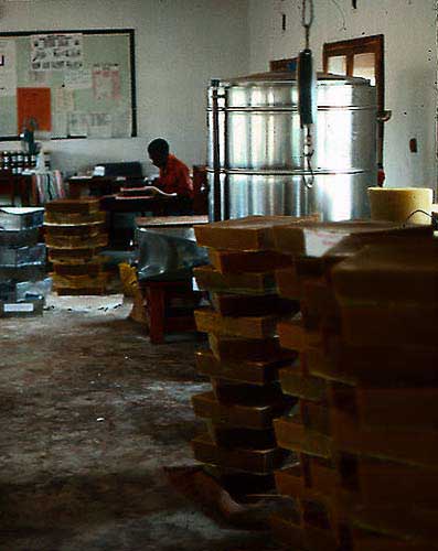 Wax processed from traditional beekeeping at the honey factory in Kabompo, NW Province, Zambia.