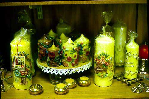 Special, moulded, carved and painted candles from displays is Germany (Mungersdorff, Koln)