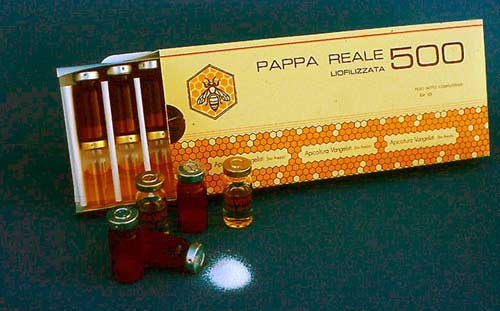 A package of 10 vials each with 166 mg of freeze-dried royal jelly (the equivalent of 500 mg fresh royal jelly) on a glycine base (filler or support) and 10 vials with 6 ml of a glucose flavoured solvent (water) preserved with ascorbic acid. The contents of the two vials have to be mixed before use.
