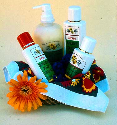Various lotions containing primary bee products and packed in dispensers for easy use.