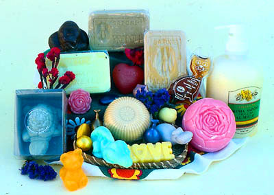 Various attractive and decorative shapes of soap formed  in special moulds.