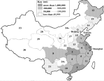 Figure 3.1.1.2. The admninistrative divisions
of the People's Republic of China, showing ranked freshwater aquaculture
production for 1995 in each area. (Map courtesy of Anton Immink)