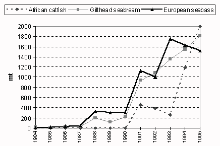 Figure 3.6.1.4b. Trends in production of main cultured species in North Africa