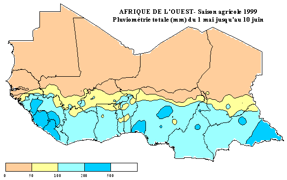 Carte de pluviométrie totale du 1er mai au 10 juin 1999