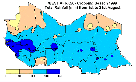 West Africa - Cropping Season 1999 - Total Rainfall from 1st to 31st August