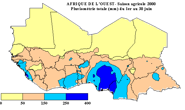 Carte de pluviométrie totale du 1er mai au 10 juin 2000