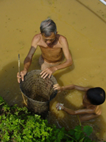 Grandfather and grandson in the highlands of Viet Nam catching small common carp from their fish pond