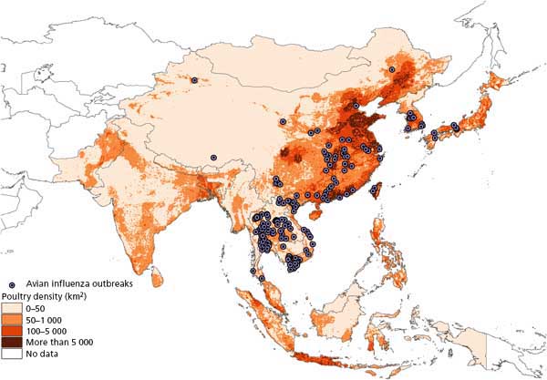 Estimated poultry density (spatial resolution: 0.08 degree) and AI outbreak locations georeferenced in South and Southeast Asia, December 2003-June 2004