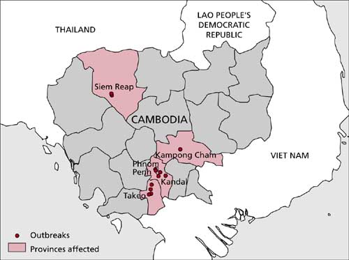 Provinces affected by AI and outbreak locations in Cambodia, January-June 2004