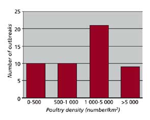 Distribution, according to poultry density (derived from poultry density and outbreak location maps)