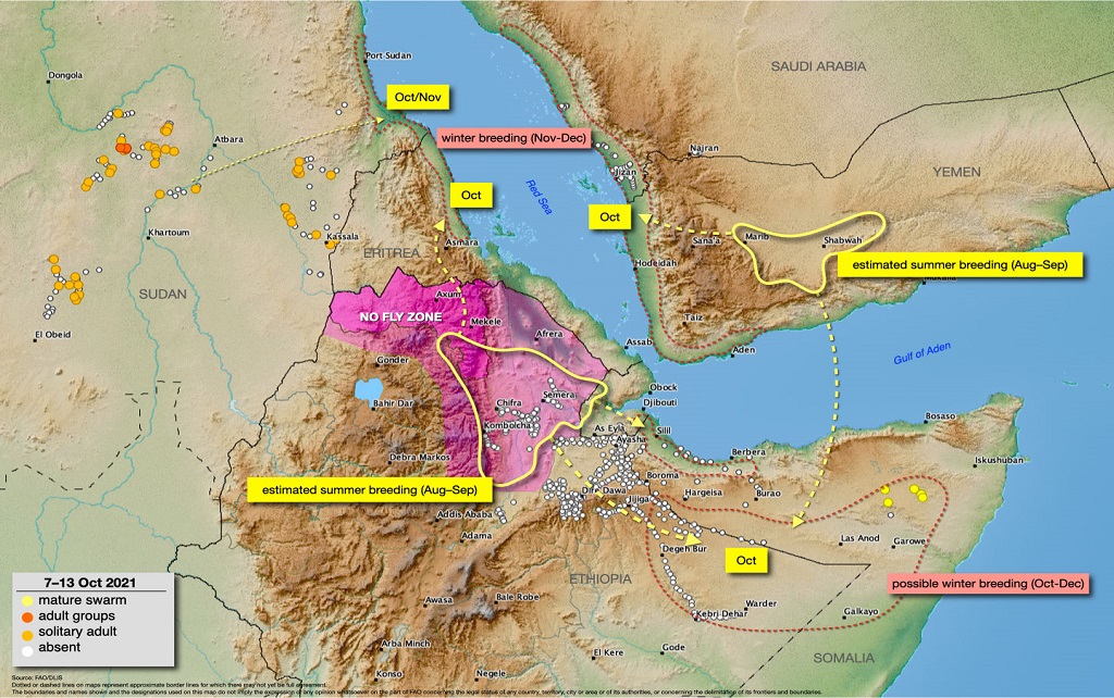 14 October 2021. Swarms likely to move from NE Ethiopia