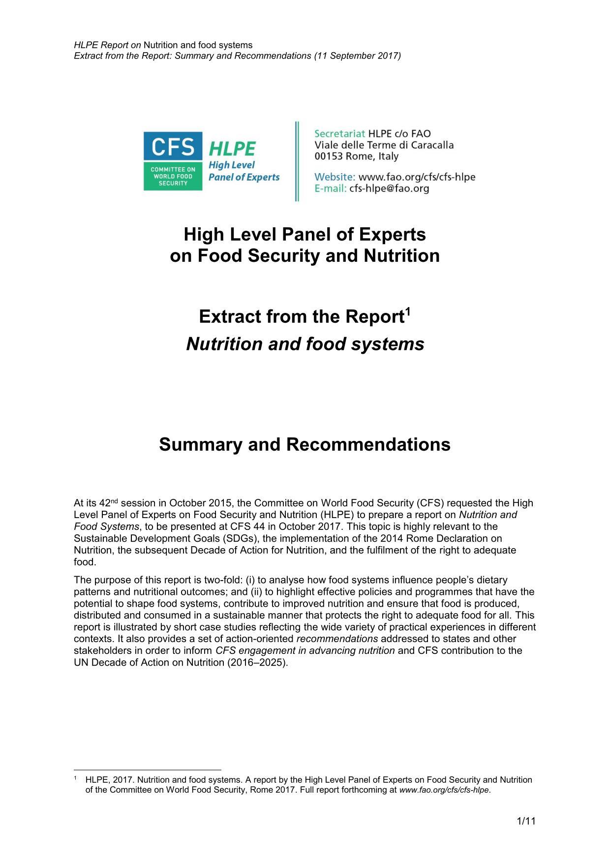 2017 HLPE Summary and Recommendations - Nutrition and food systems